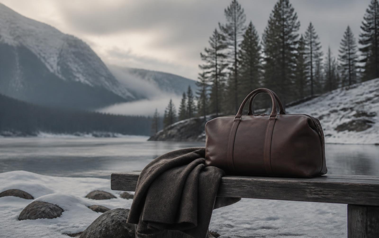 A leather-look weekend bag and wool blanket on a wooden bench by a frozen Nordic lake