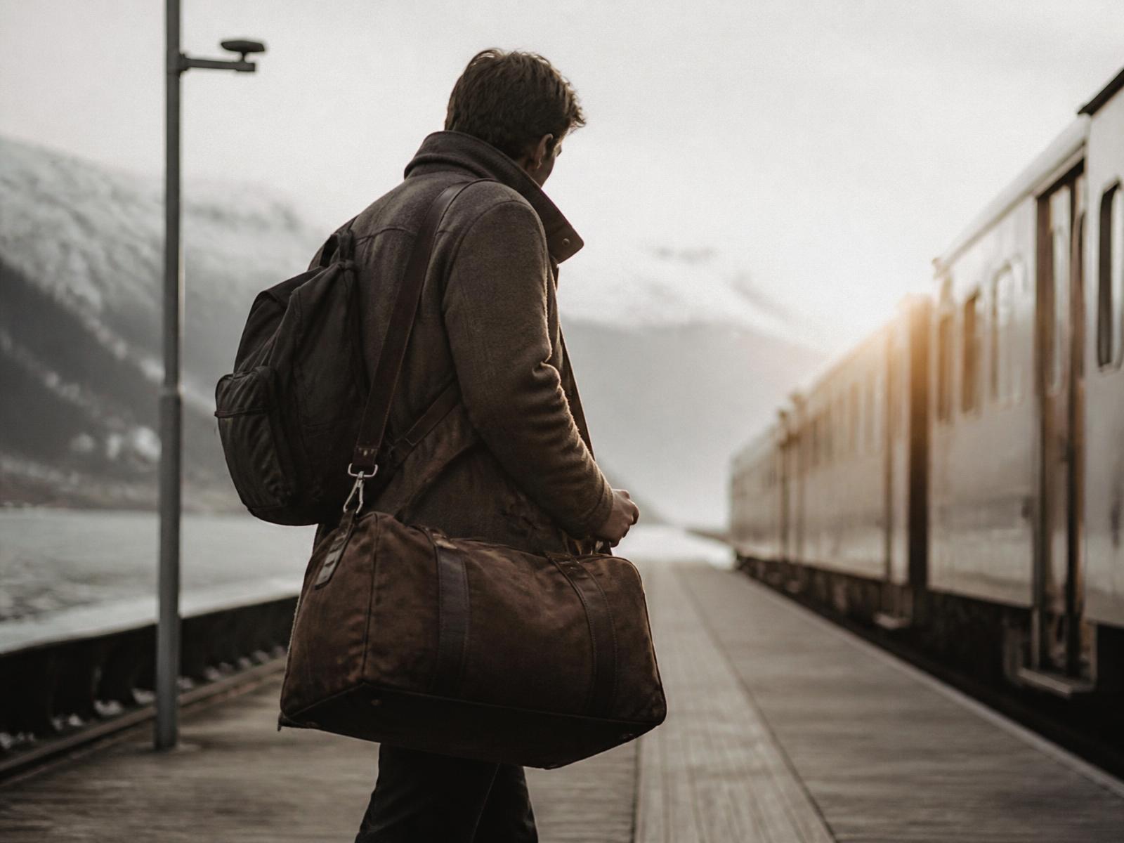 A traveller carrying a duffel bag and backpack on a northern train platform at dawn