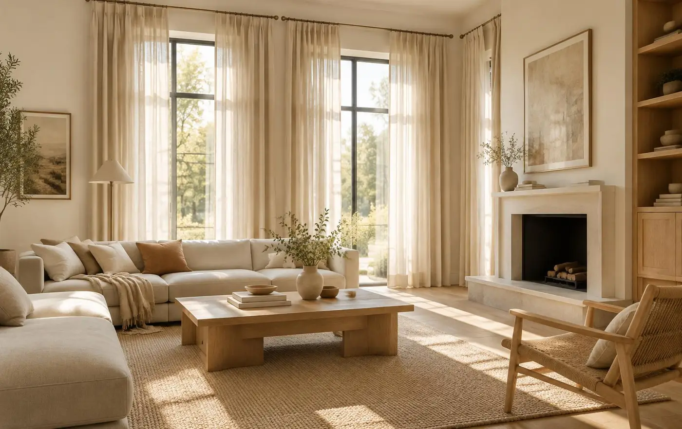 A bright living room with linen curtains on a slim rod