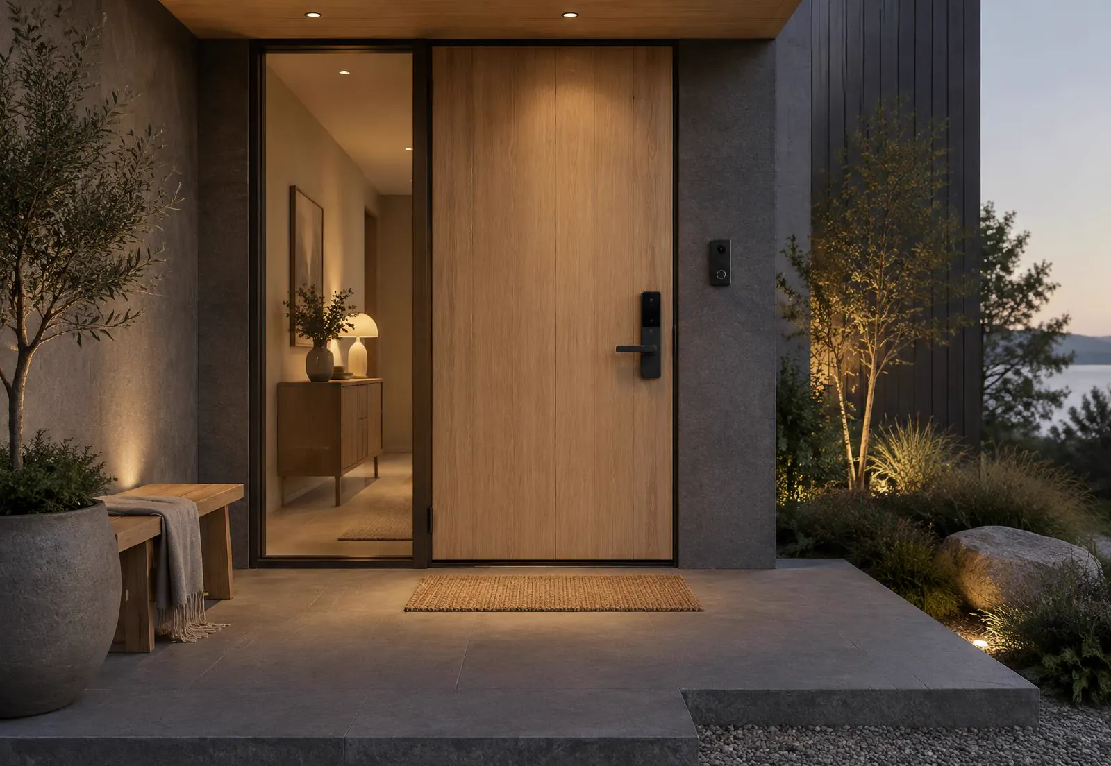 Scandinavian front entrance with a video doorbell and smart lock at dusk