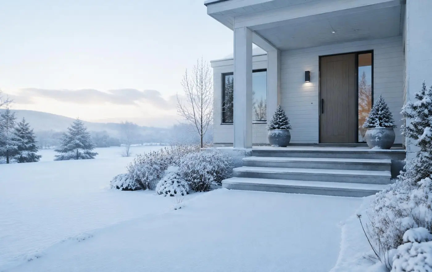 A snowy front walkway and porch steps after fresh snowfall