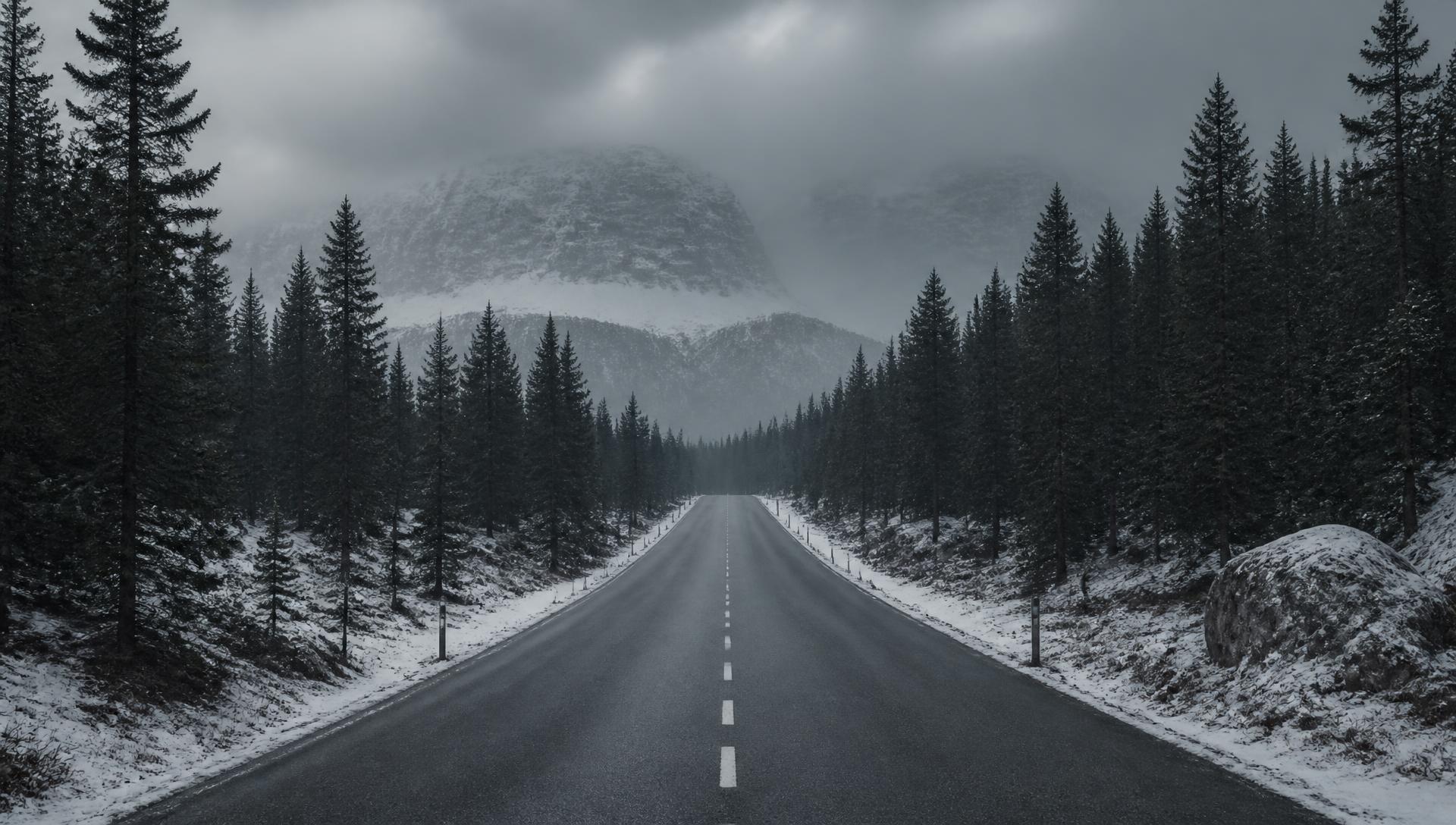 Empty northern road through dark pine forest under low winter light