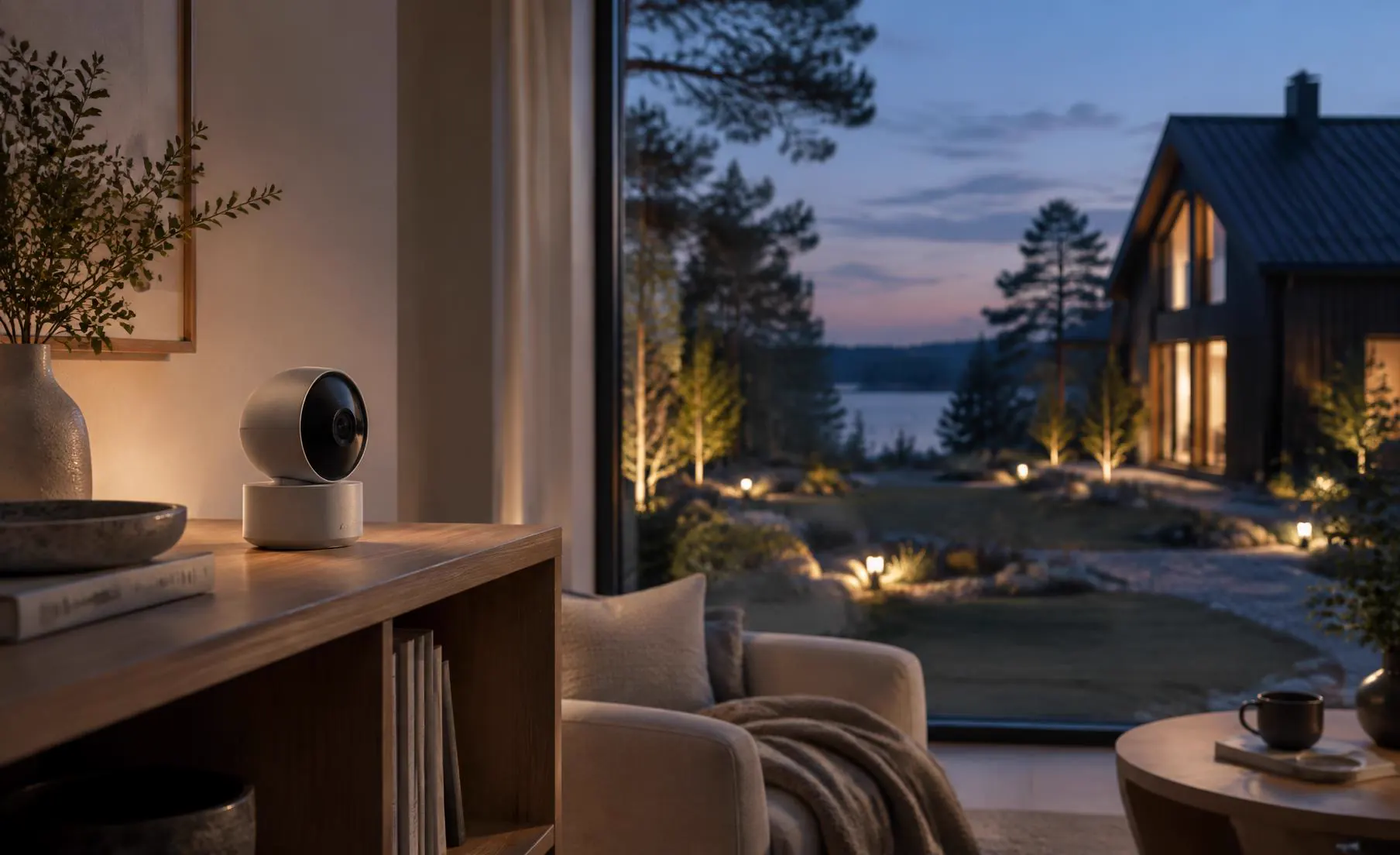 Indoor smart camera overlooking a Nordic home and garden at dusk