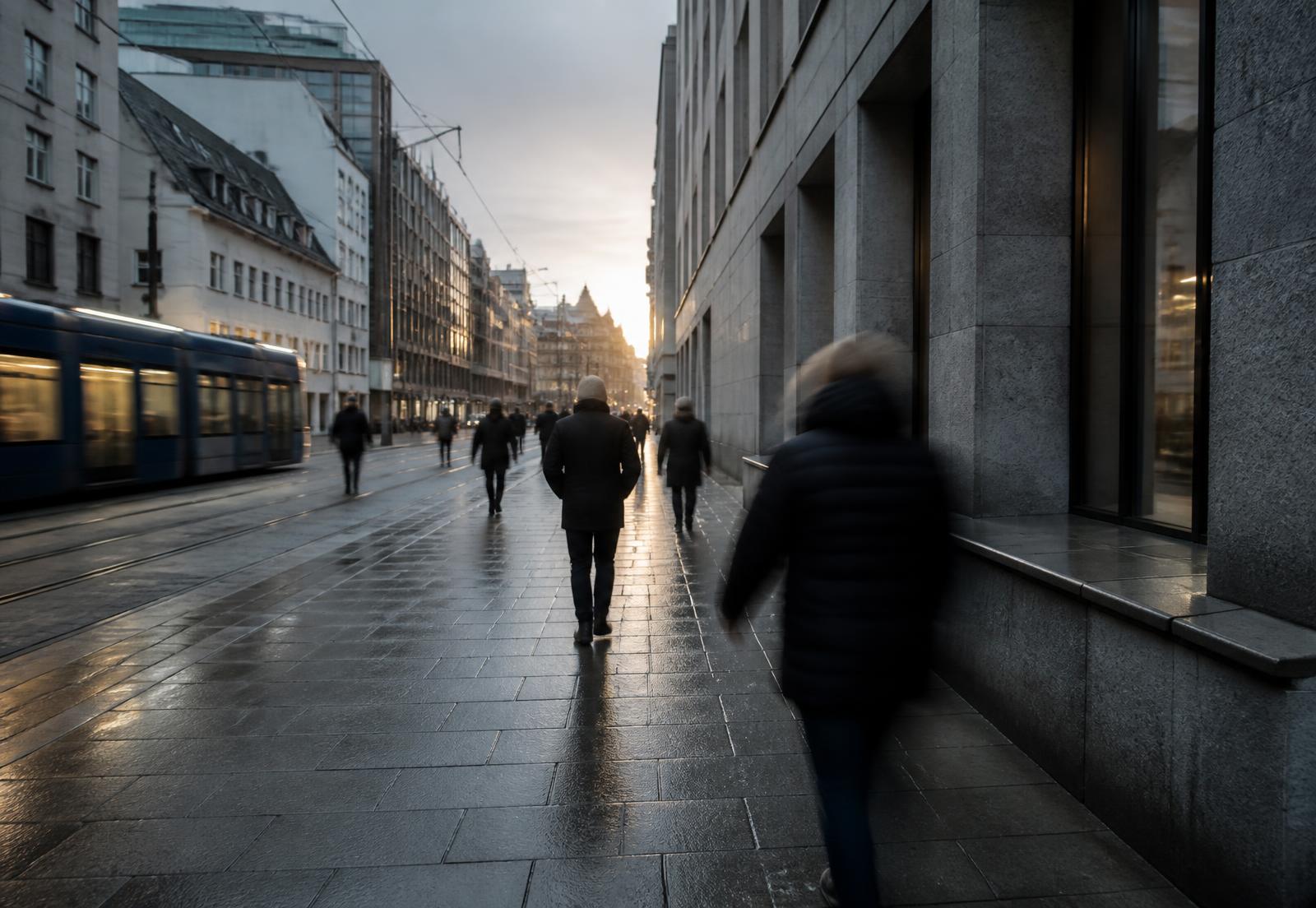 A wet Nordic city sidewalk at dawn with people walking past stone facades