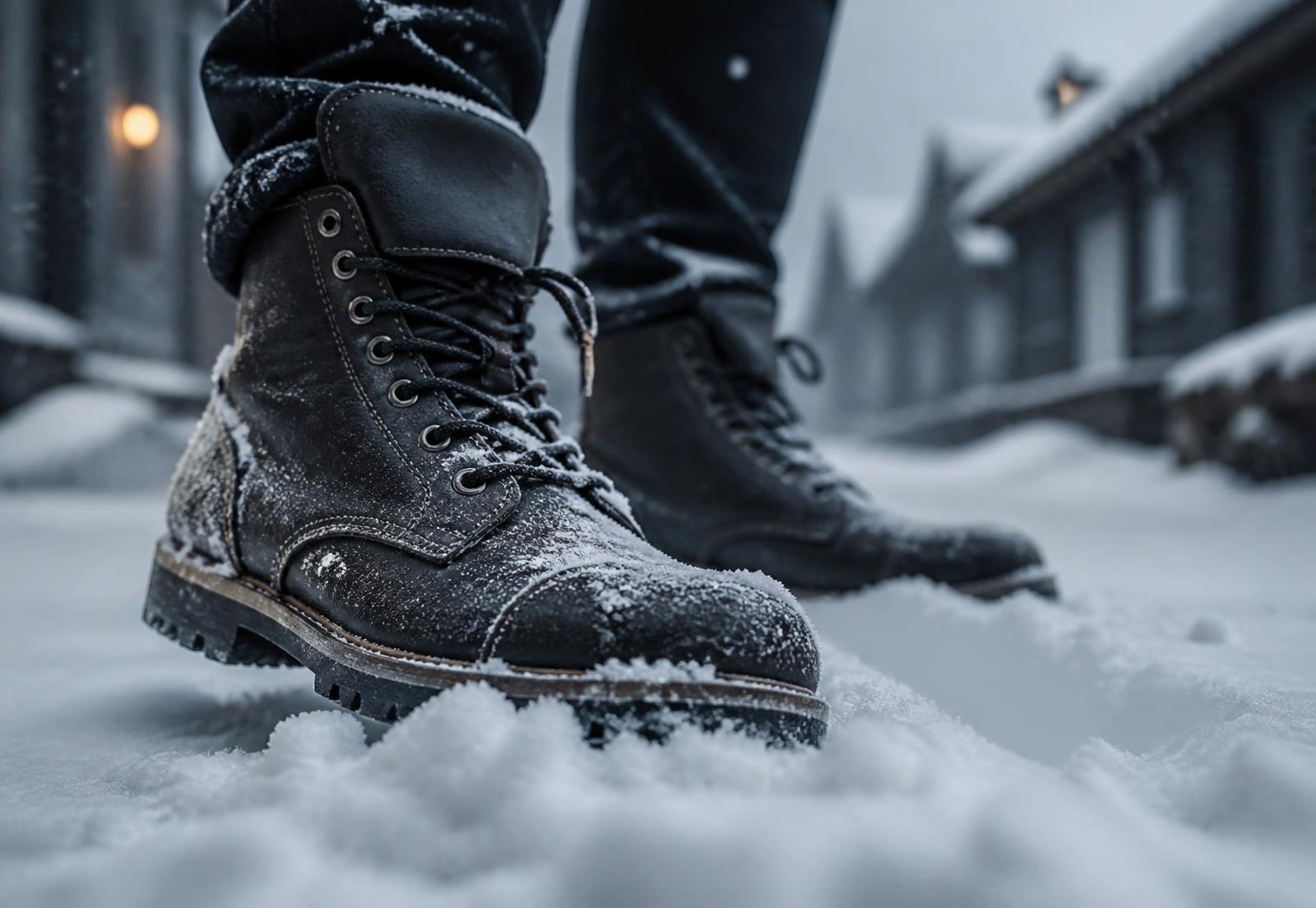 Winter boots stepping into fresh snow on a frozen northern street