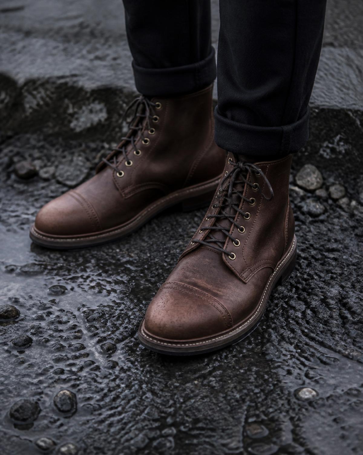 Men's brown leather lace-up boots on dark wet gravel