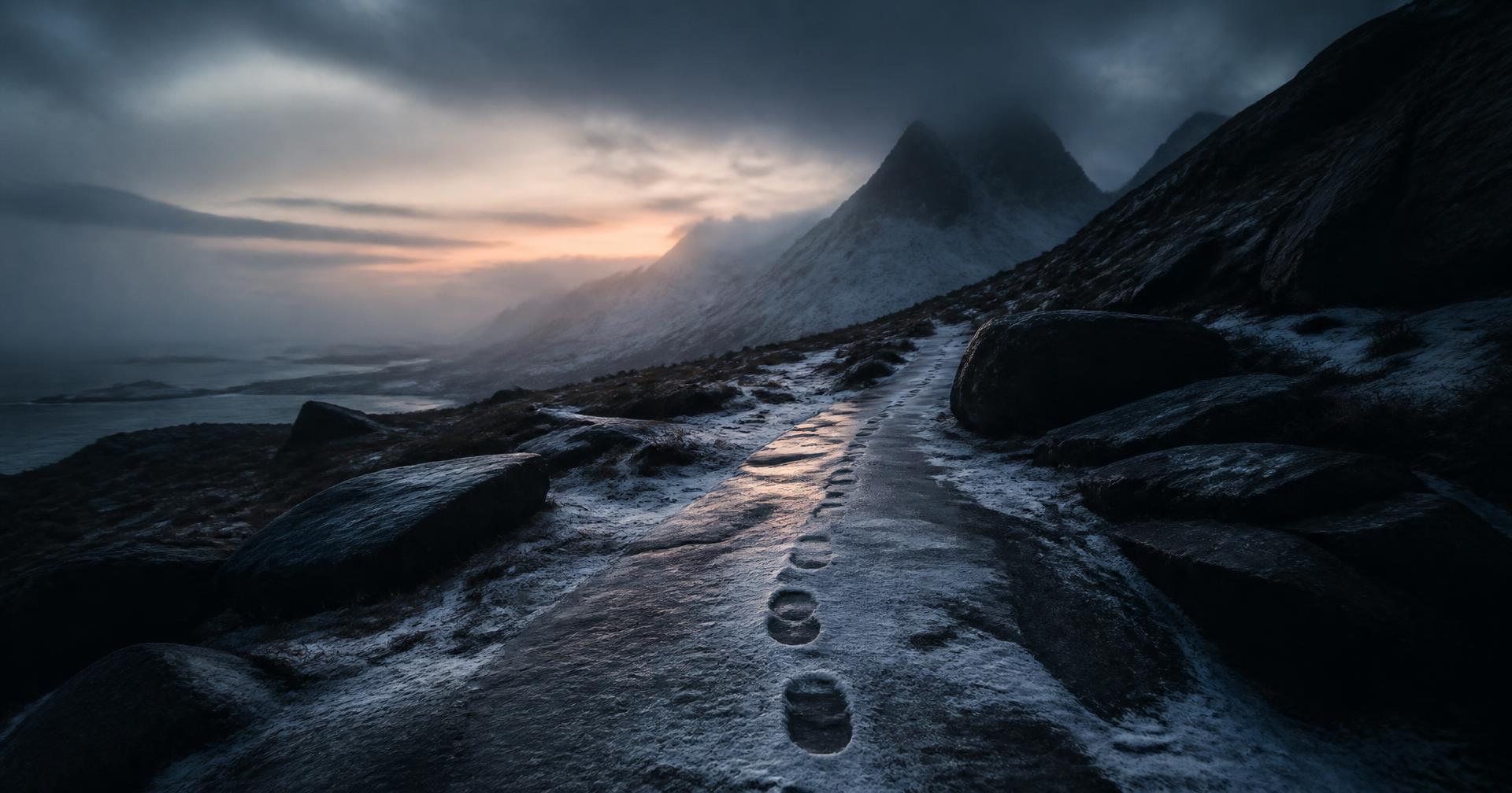 Footprints in thin snow along a dark stone trail below northern mountains at dusk