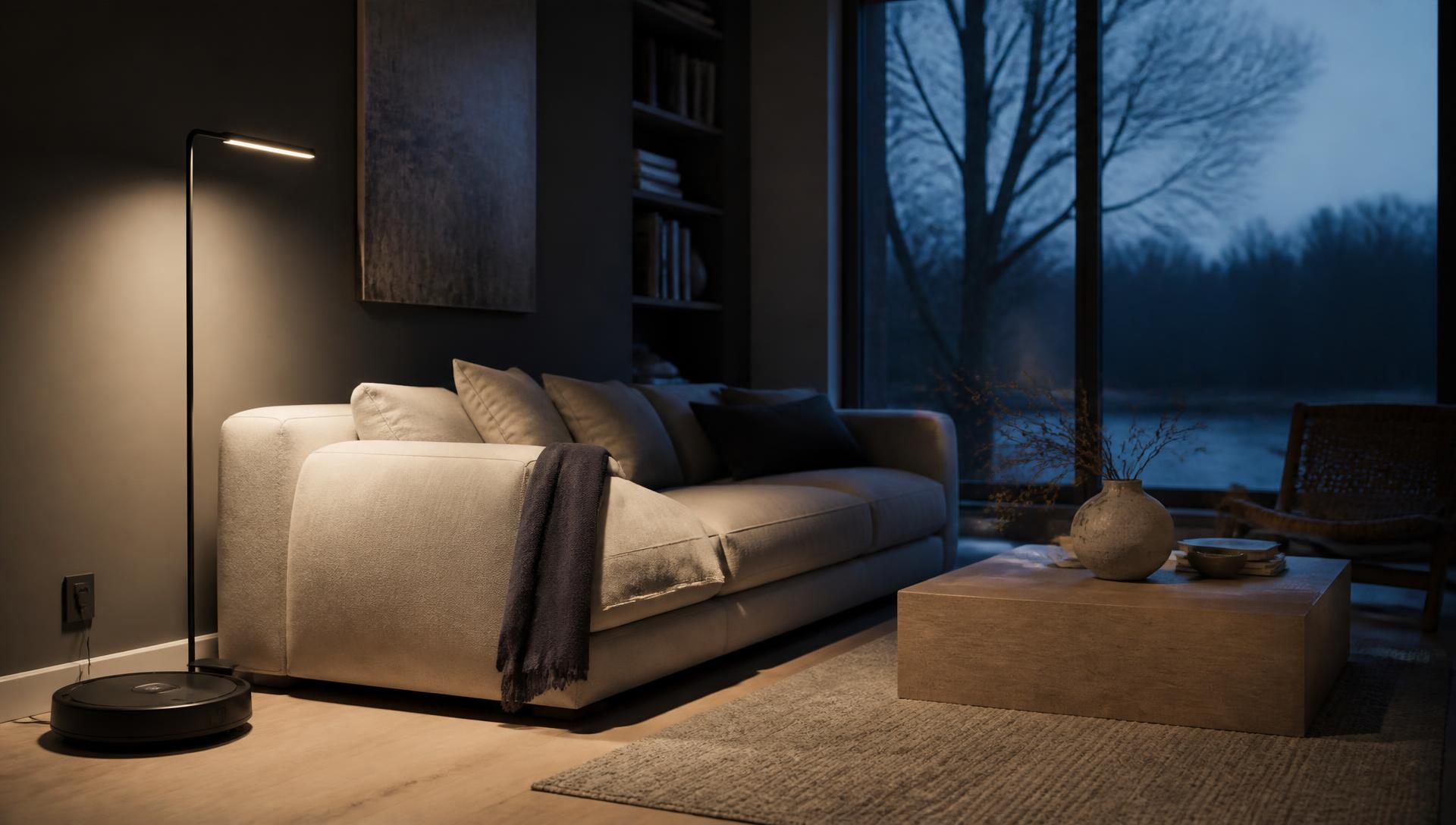 Calm modern Nordic living room at dusk with soft indirect lighting
