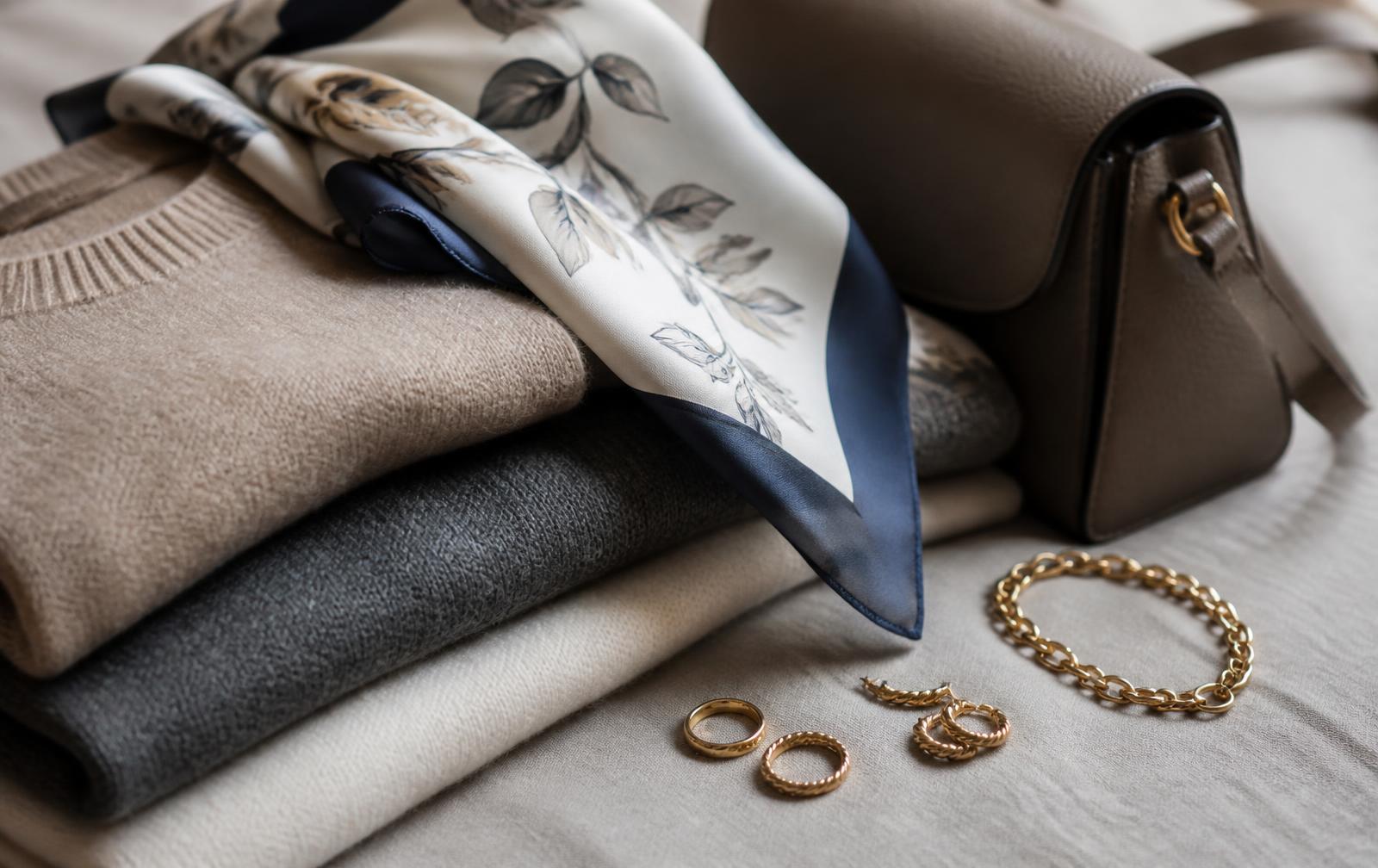 Folded knitwear, a silk scarf, gold jewellery and a leather bag on pale linen