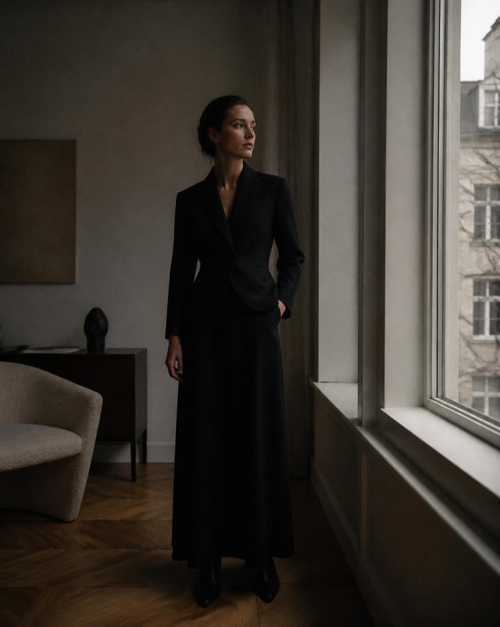 Woman in a dark tailored blazer and long skirt by a window in a minimal Nordic apartment
